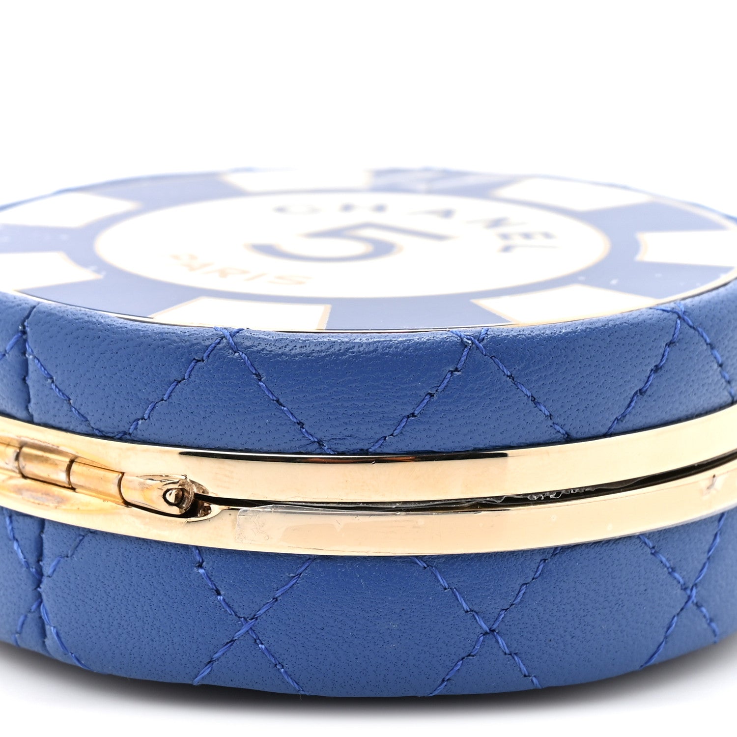 Chanel Lambskin Enamel Quilted Round Poker Chip Clutch With Chain Blue White