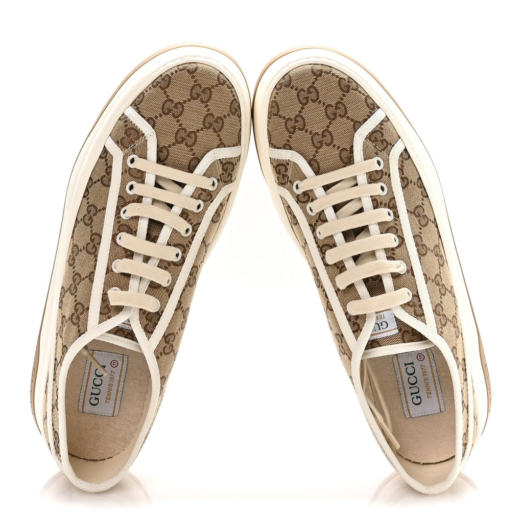Gucci New Canvas GG Monogram Mens Tennis 1977 55mm Platform Sneakers 11 Beige Ebony Mystic White