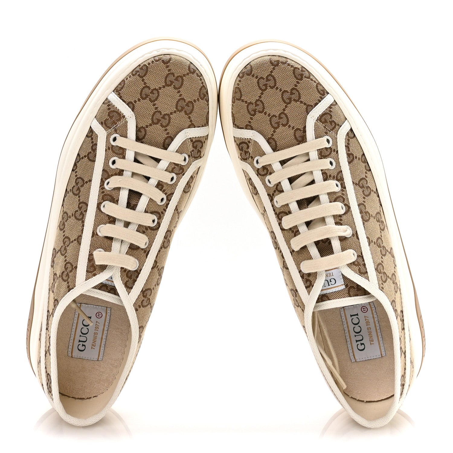 Gucci New Canvas GG Monogram Mens Tennis 1977 55mm Platform Sneakers 11 Beige Ebony Mystic White