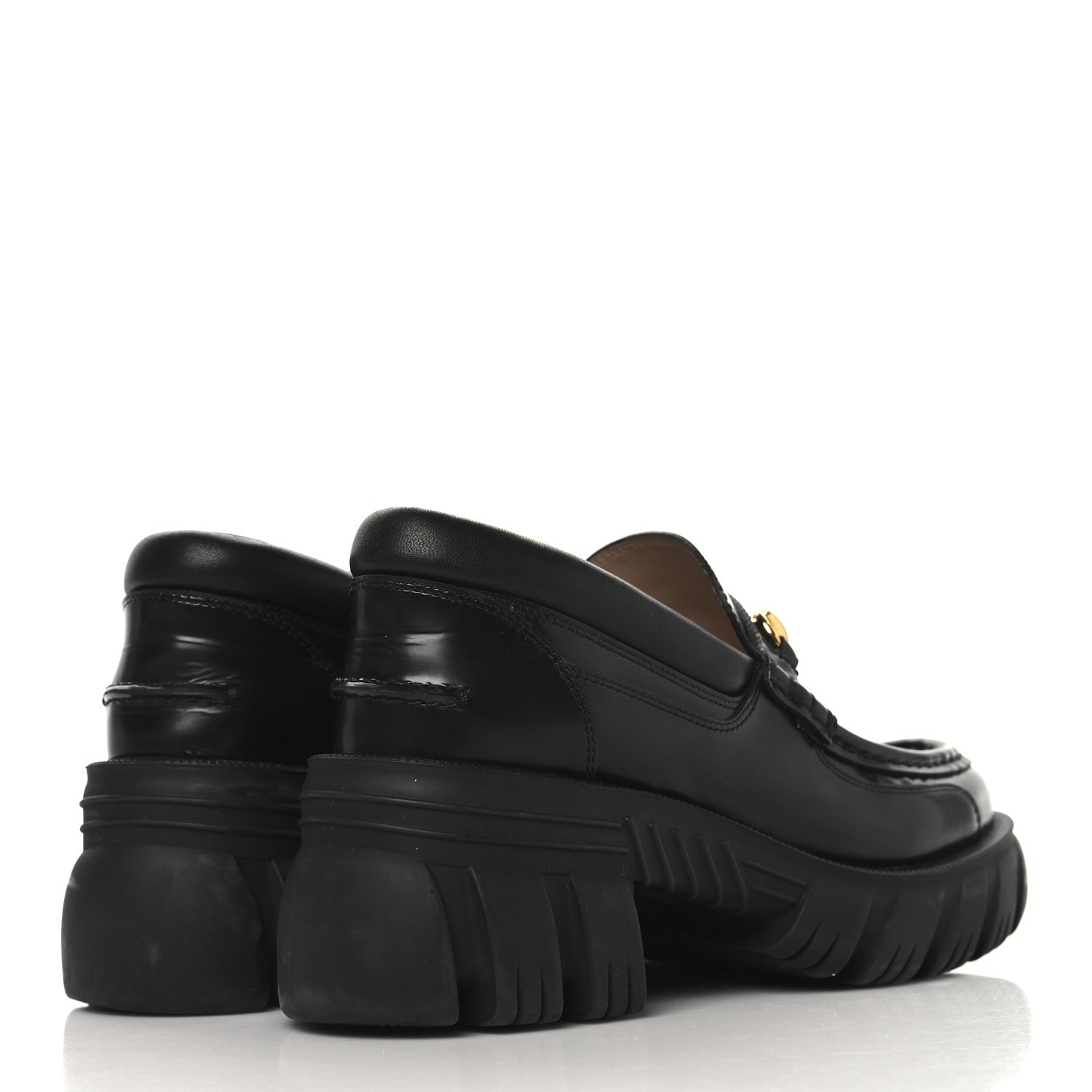 Gucci Magnum Calfskin Nappa Samoa Womens Horsebit Platform Chunky Lug Sole 40mm Loafers 38.5  Black
