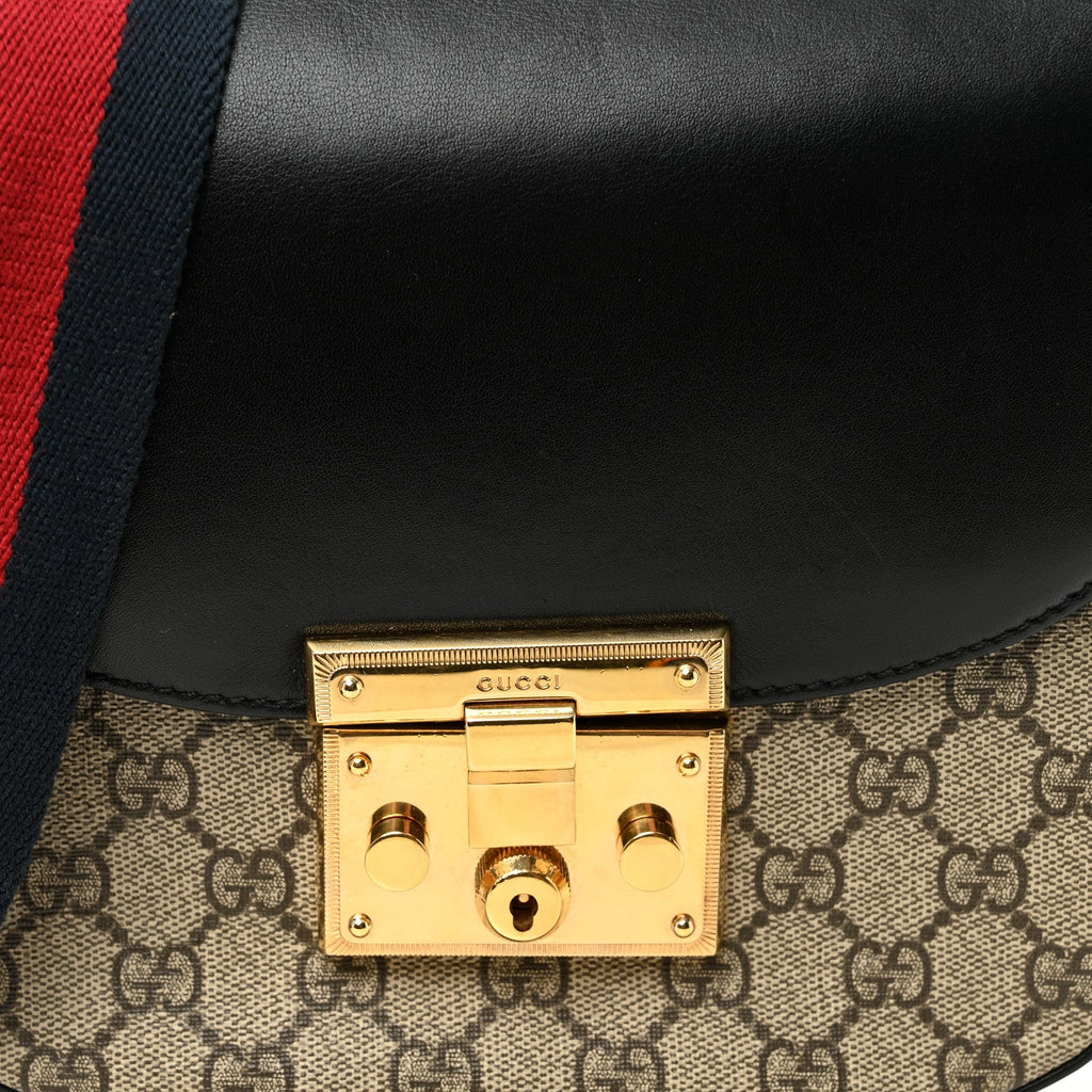 Gucci GG Supreme Monogram Web Medium Padlock Messenger Shoulder Bag Black