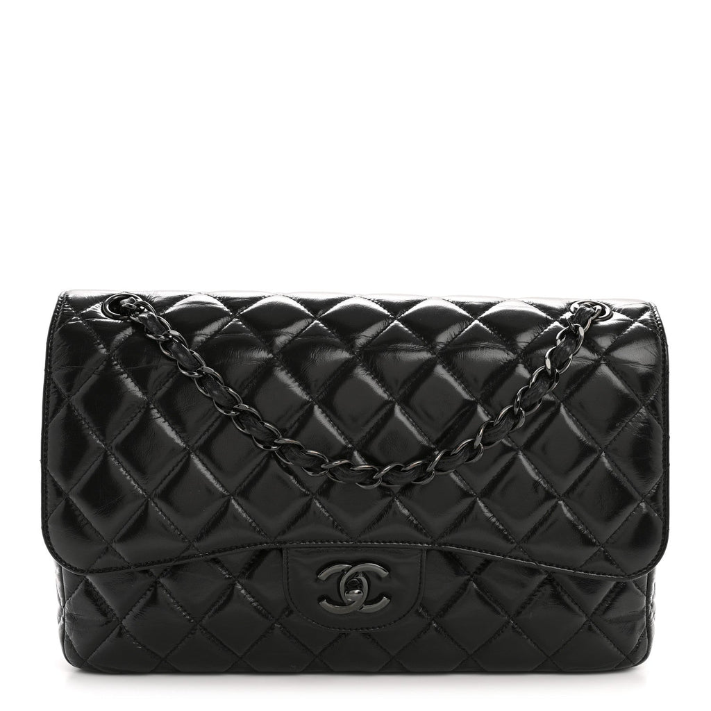 Chanel Shiny Crumpled Calfskin Quilted Jumbo Double Flap So Black