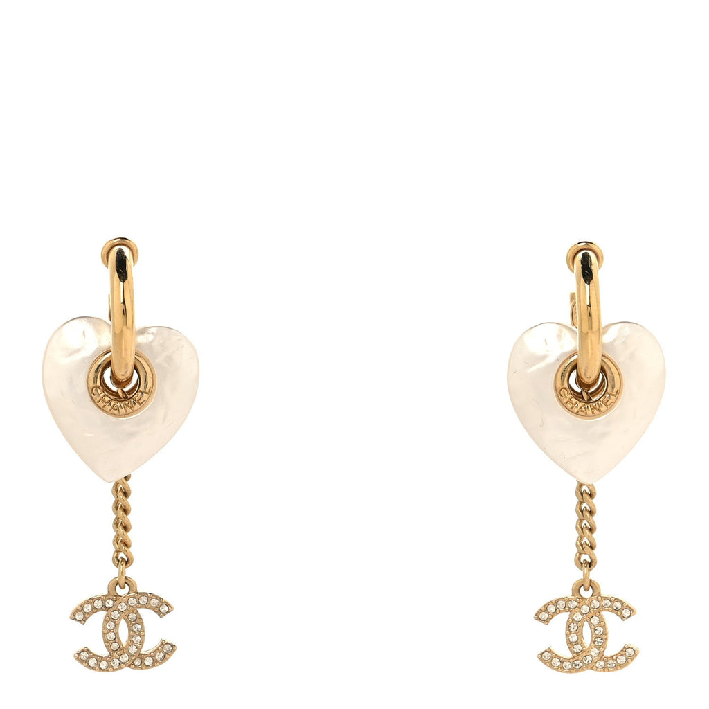 Metal Pearl Crystal Heart Chain Drop CC Earrings Gold White