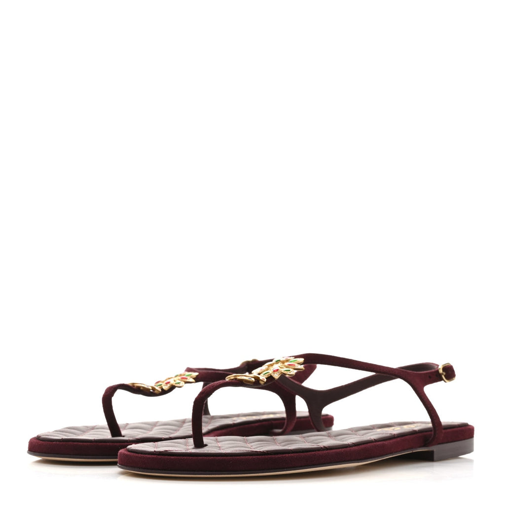 Chanel Suede Calfskin CC Crystal Thong Sandals 40.5 Burgundy