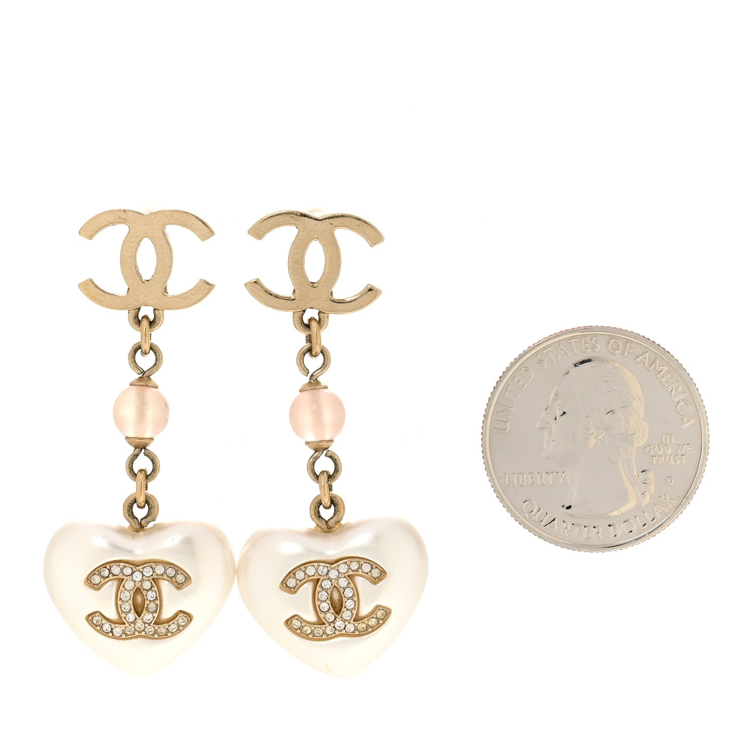 Metal Pearl Crystal Bead CC Heart Drop Earrings Pink Gold