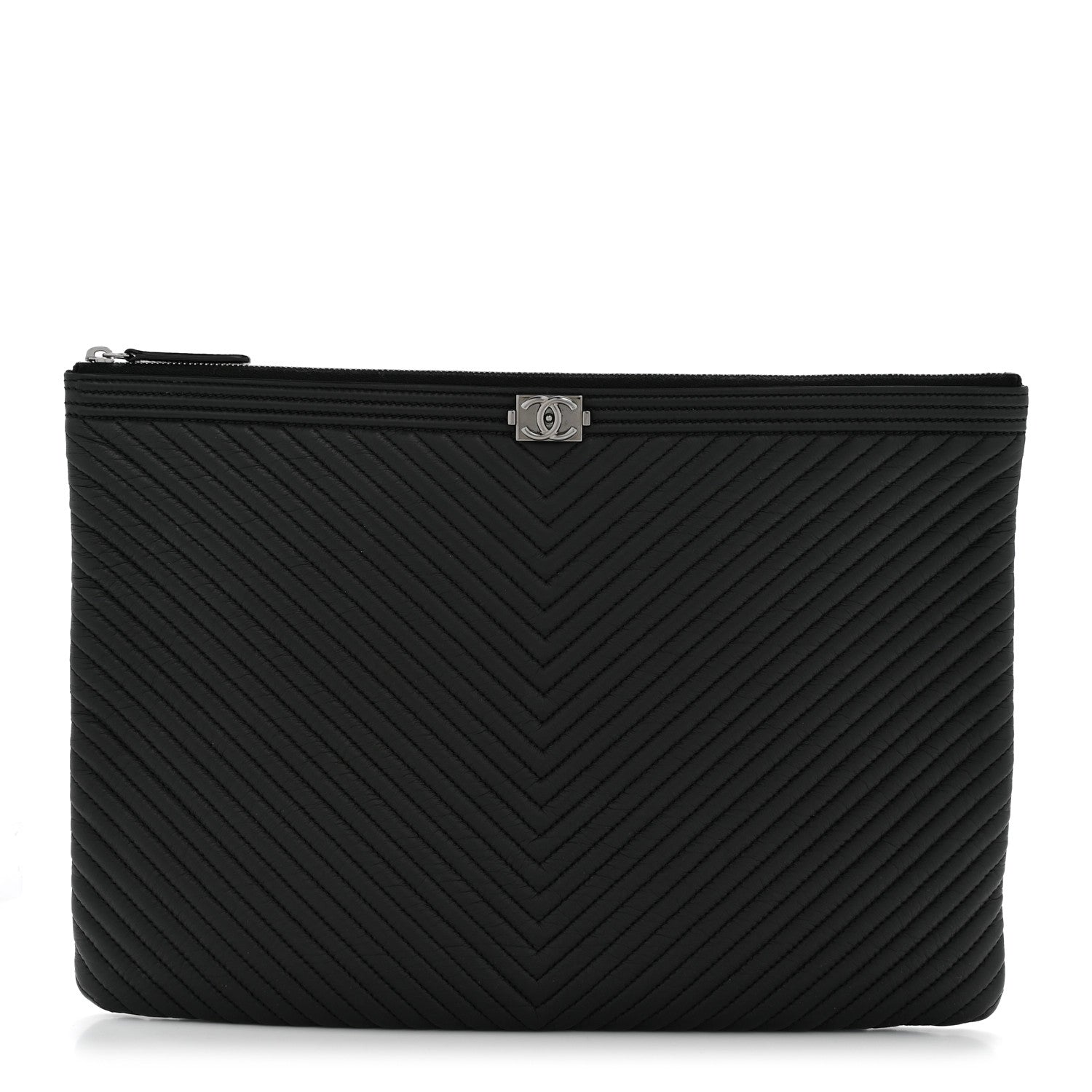 Calfskin Chevron Quilted Large Boy Cosmetic Case Black