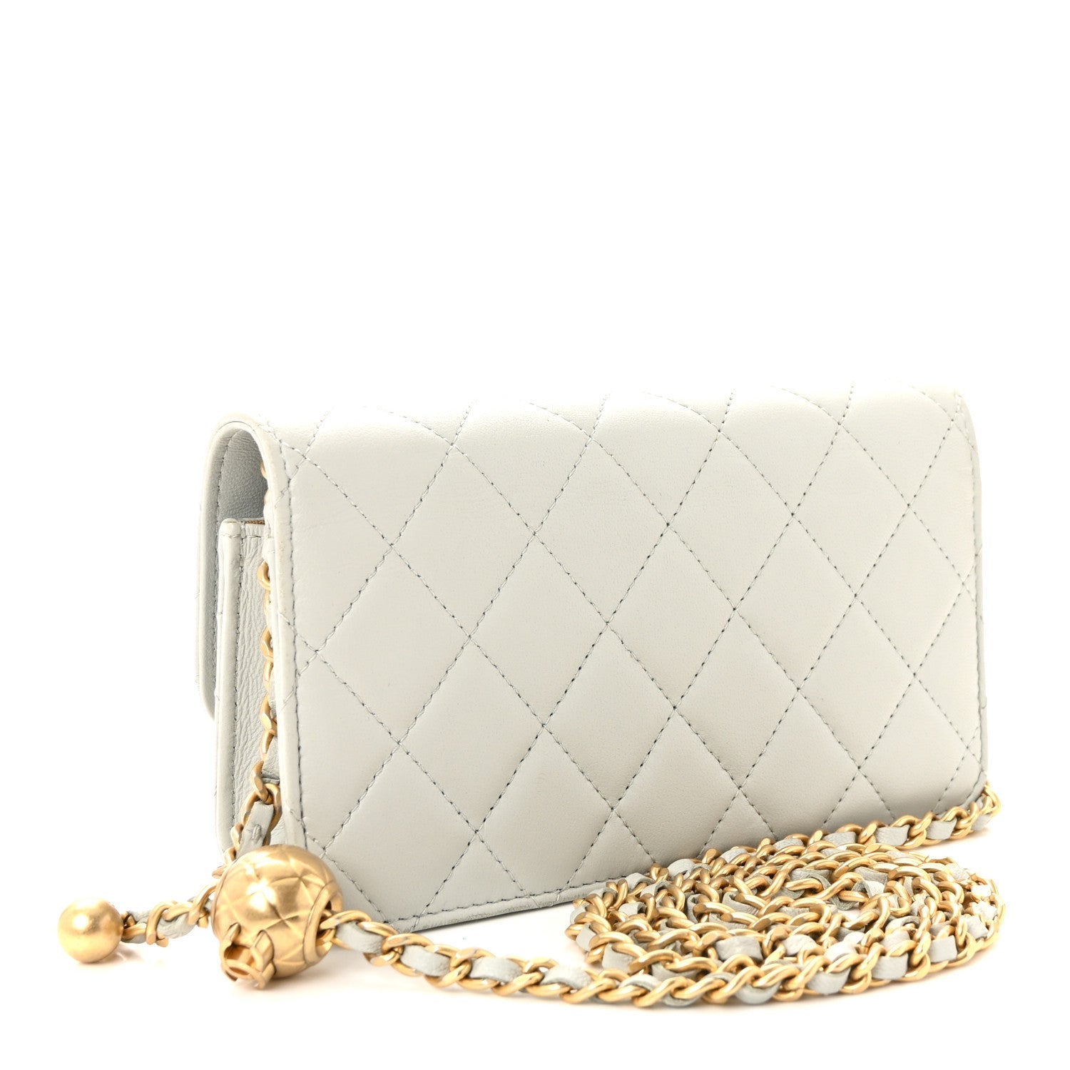 Chanel Lambskin Pearl Crush Quilted Flap Phone Holder With Chain Light Grey