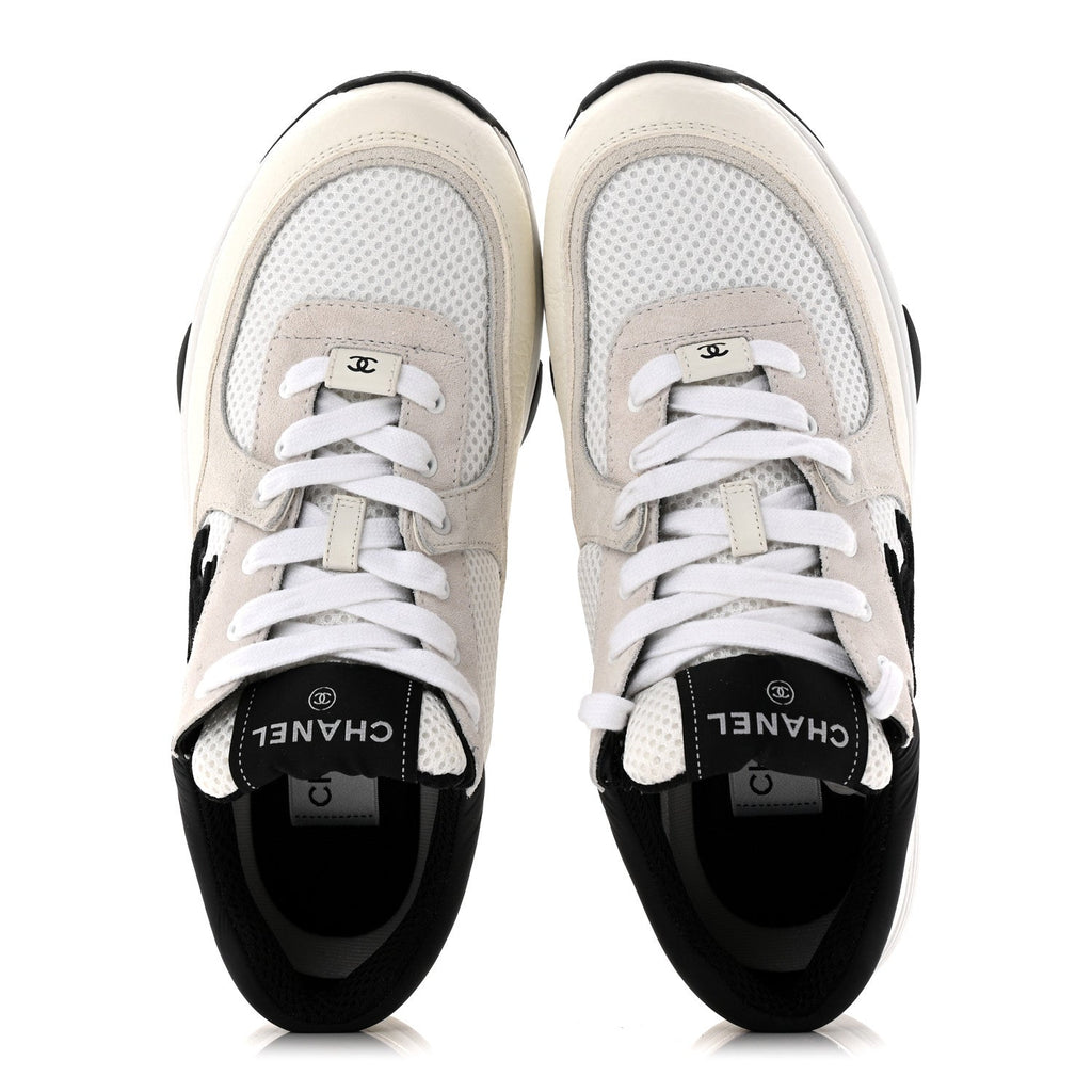 Mesh Suede Calfskin Grained Calfskin Womens CC Sneakers 37.5 White Black
