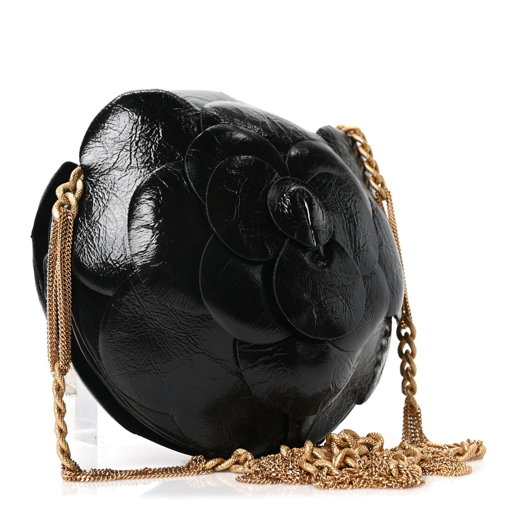 Chanel Patent Lambskin Camellia Bouquet Clutch With Chain Black