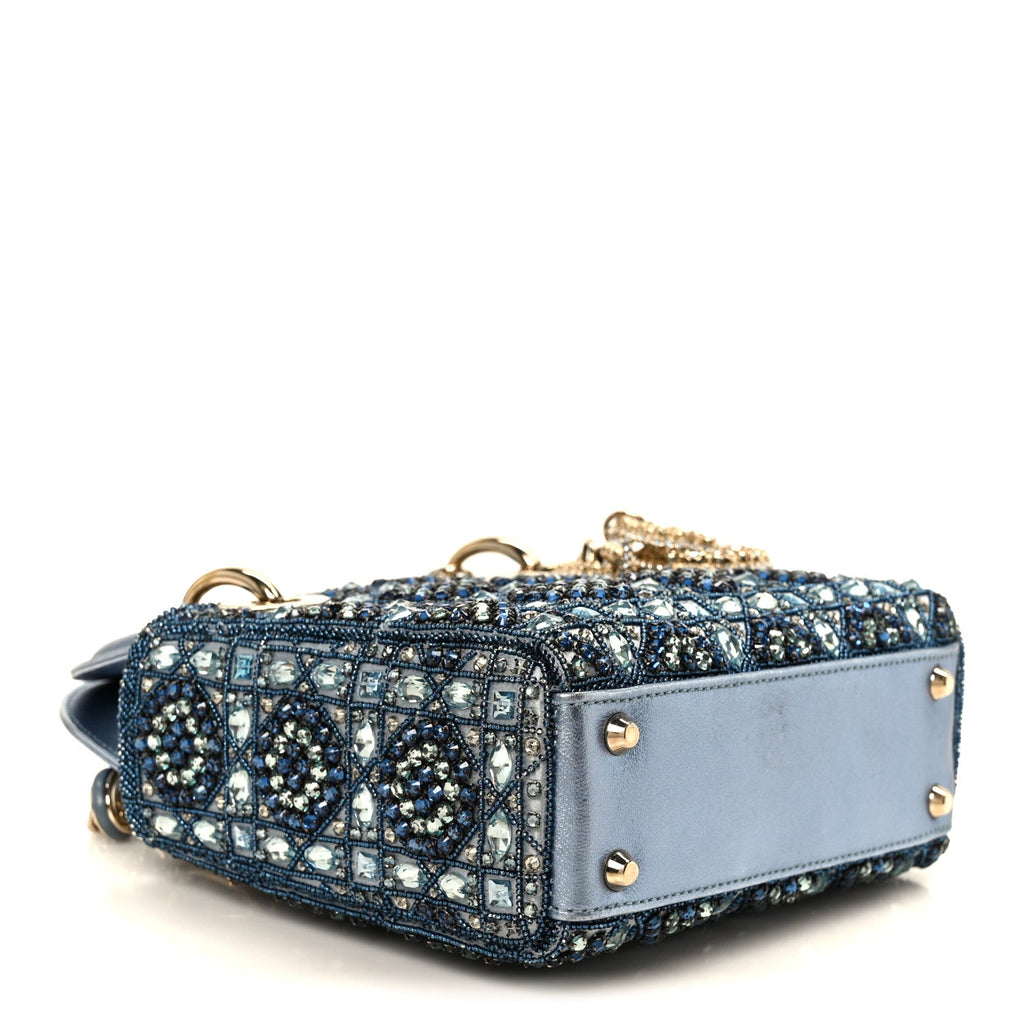 Christian Dior Metallic Calfskin Satin Celestial Bead Embroidery Cannage Mini Lady Dior Blue