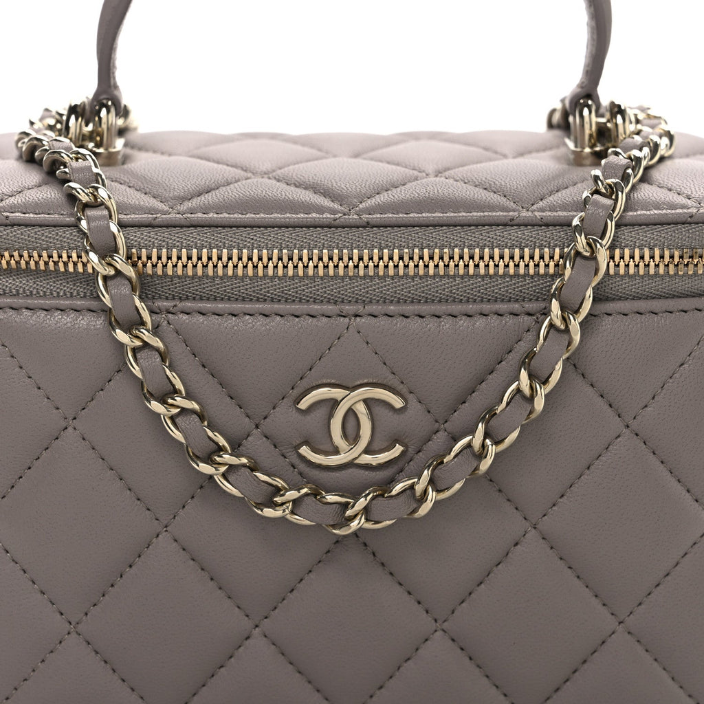 Chanel Lambskin Quilted Small Top Handle Vanity Case With Chain Dark Grey