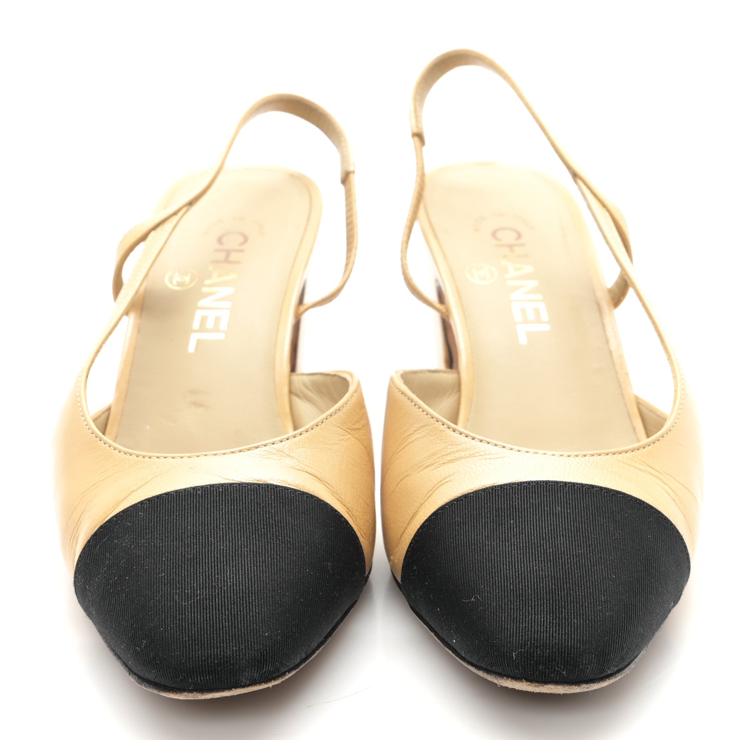 Goatskin Grosgrain Cap Toe CC Slingback Pumps 38.5 Beige Black