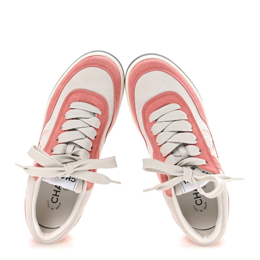 Chanel Suede Kidskin Womens CC Sneakers 38.5 White Pink