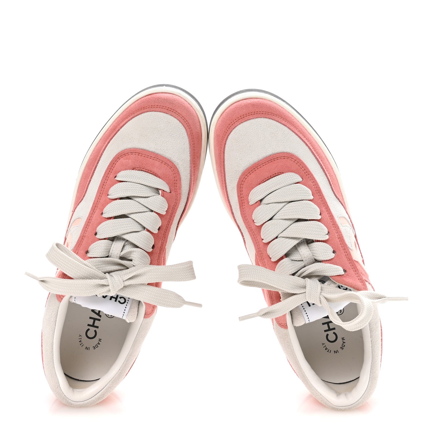 Chanel Suede Kidskin Womens CC Sneakers 38.5 White Pink