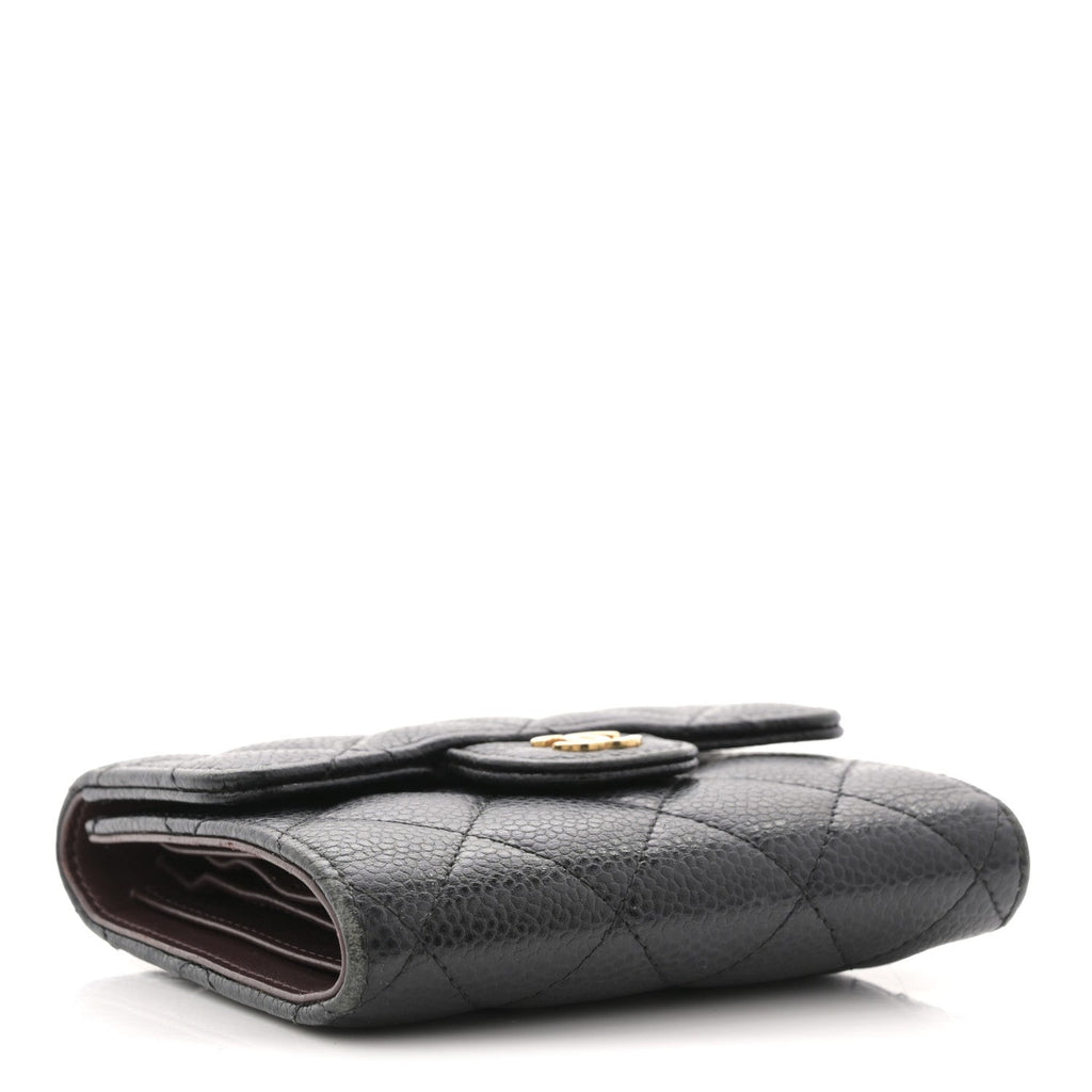 Caviar Quilted Tri-Fold Flap Wallet Black