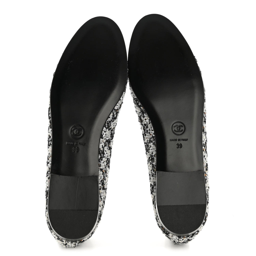 Chanel Tweed Sequin Lambskin Cap Toe Ballerina Flats 39 Black