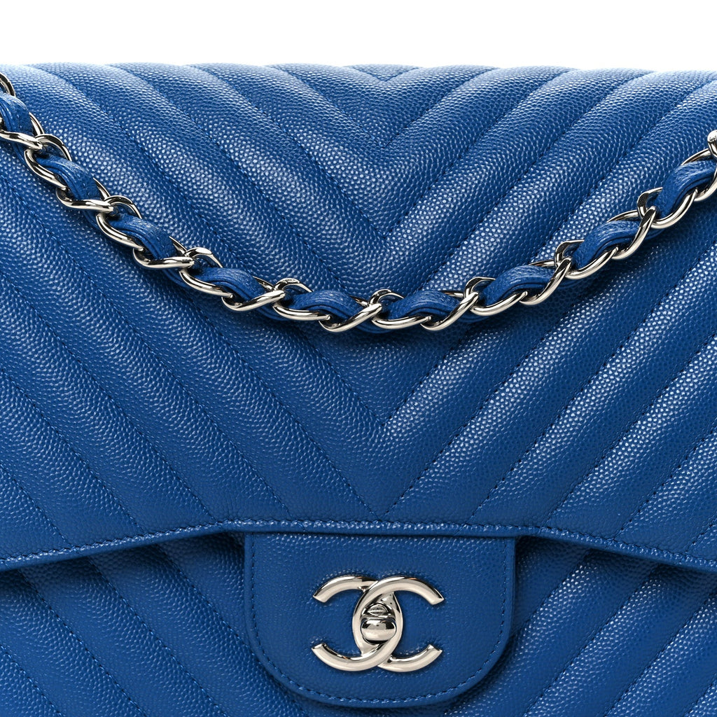 Chanel Caviar Chevron Quilted Jumbo Double Flap Blue
