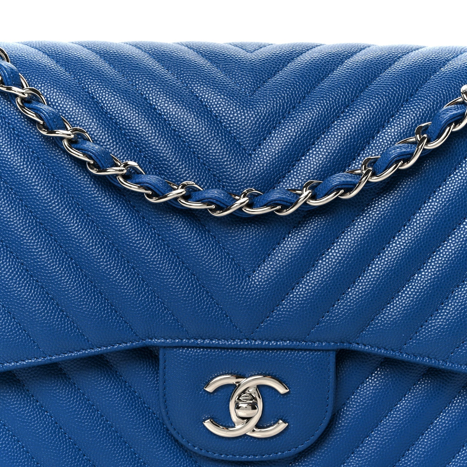 Chanel Caviar Chevron Quilted Jumbo Double Flap Blue