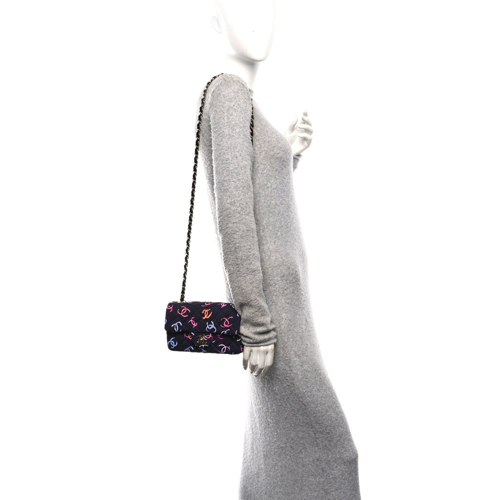 Chanel Printed Fabric Quilted Mini Rectangular Flap Black Pink Blue Yellow Orange