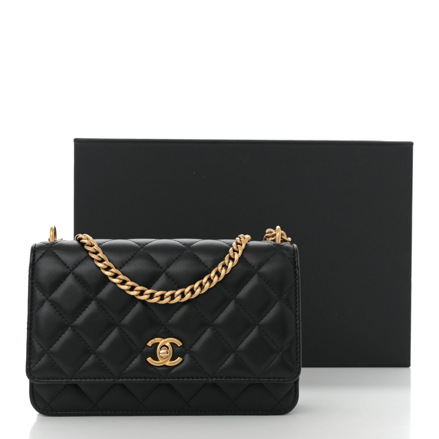 Chanel Lambskin Quilted Sweet Camellia Wallet On Chain WOC Black
