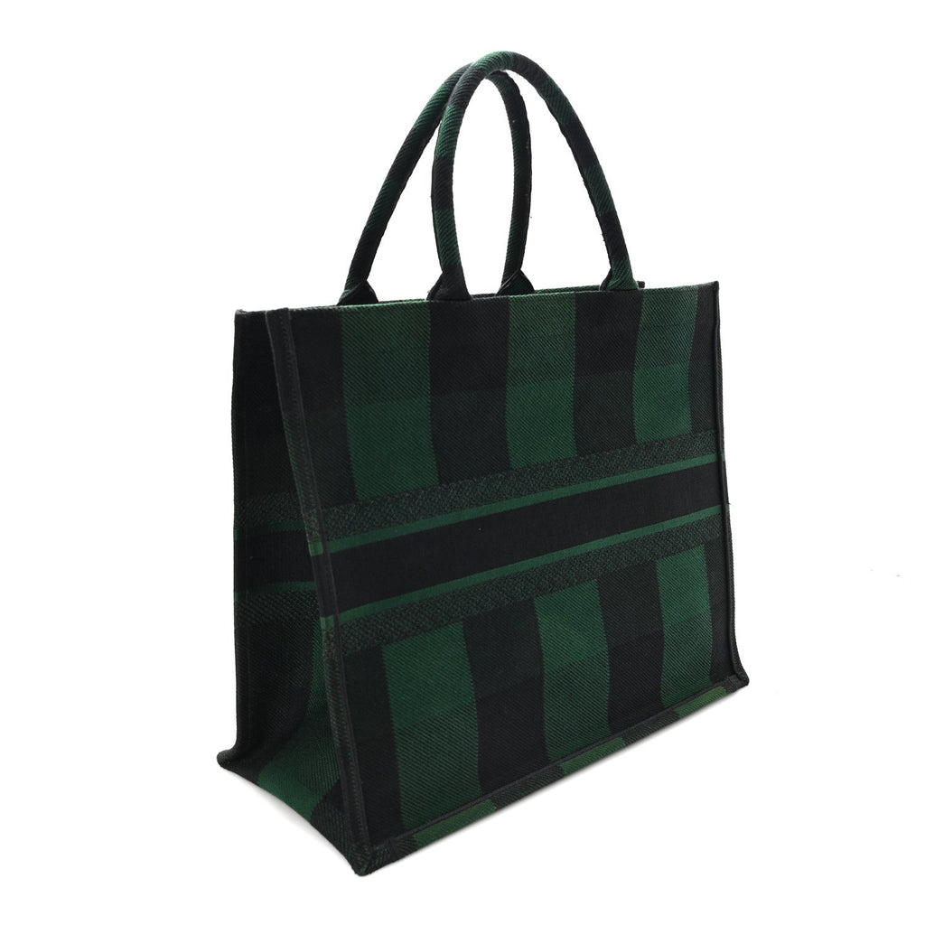 Christian Dior Canvas Embroidered Large Checkered Book Tote Black Green