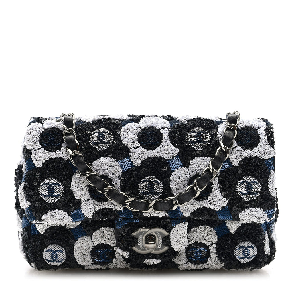 Chanel Satin Sequin Embellished Flower Mini Rectangular Flap Black White Blue