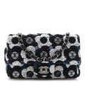 Chanel Satin Sequin Embellished Flower Mini Rectangular Flap Black White Blue