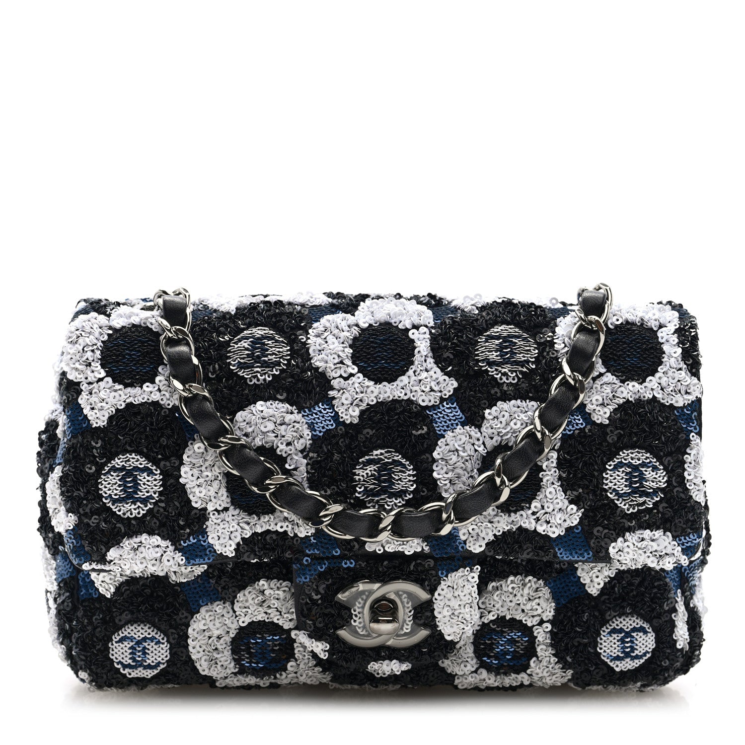 Chanel Satin Sequin Embellished Flower Mini Rectangular Flap Black White Blue