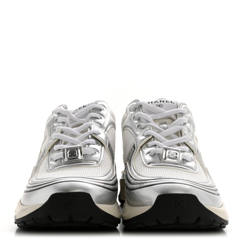 Fabric Laminated Calfskin Stretch CC Womens Sneakers 39.5 White Silver