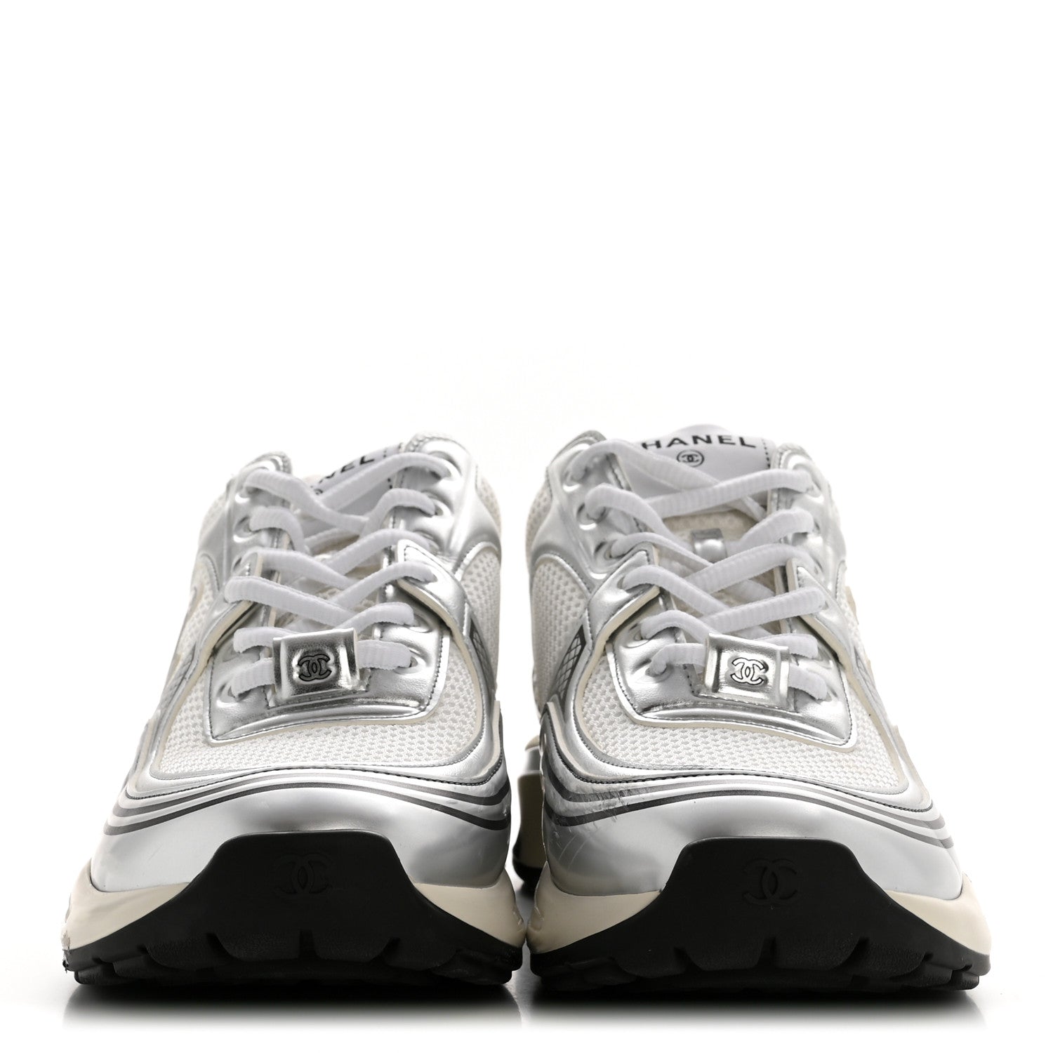 Fabric Laminated Calfskin Stretch CC Womens Sneakers 39.5 White Silver