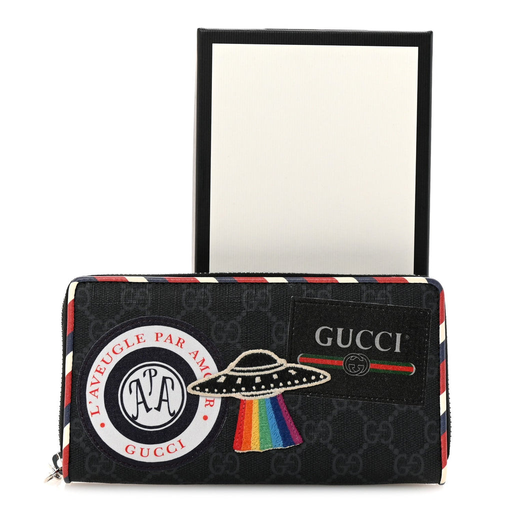 Gucci GG Supreme Monogram Night Courrier Embroidered Zip Around Wallet