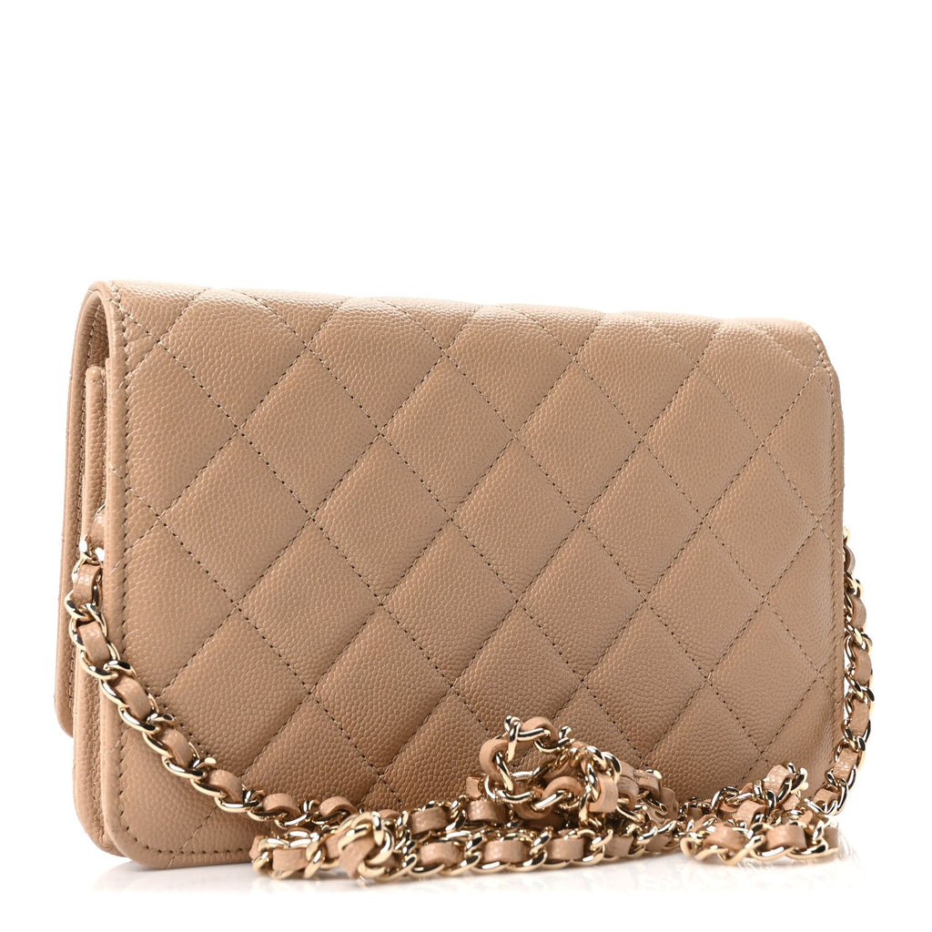 Chanel Caviar Quilted Crystal CC Wallet On Chain WOC Beige