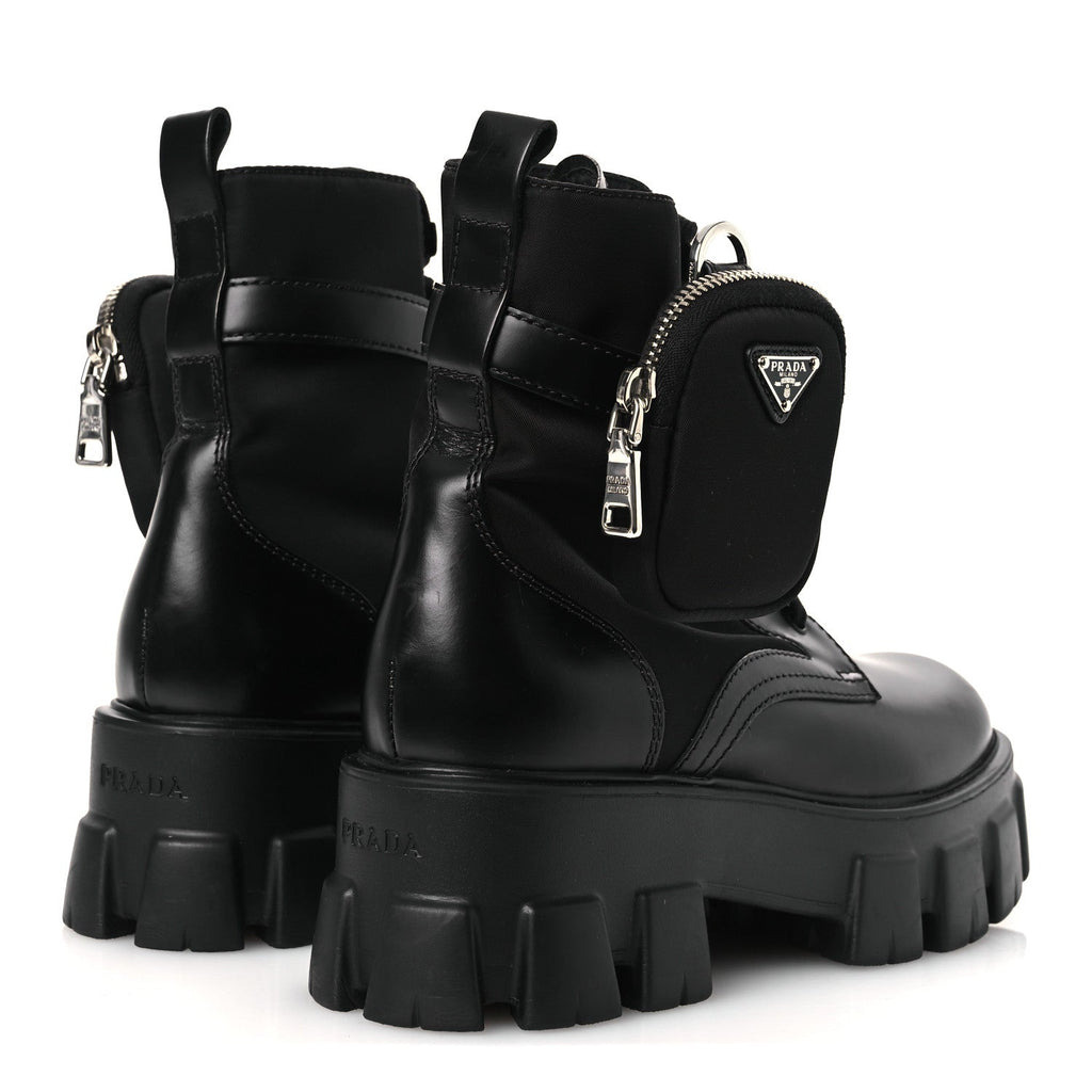 Prada Spazzolato Rois Nylon Metal Triangle Logo Monolith Pouch Pocket 55mm Boots 38 Black