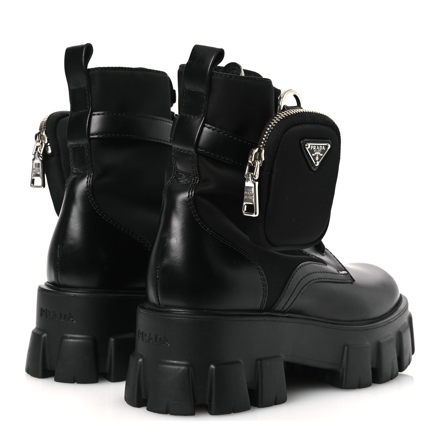 Prada Spazzolato Rois Nylon Metal Triangle Logo Monolith Pouch Pocket 55mm Boots 38 Black