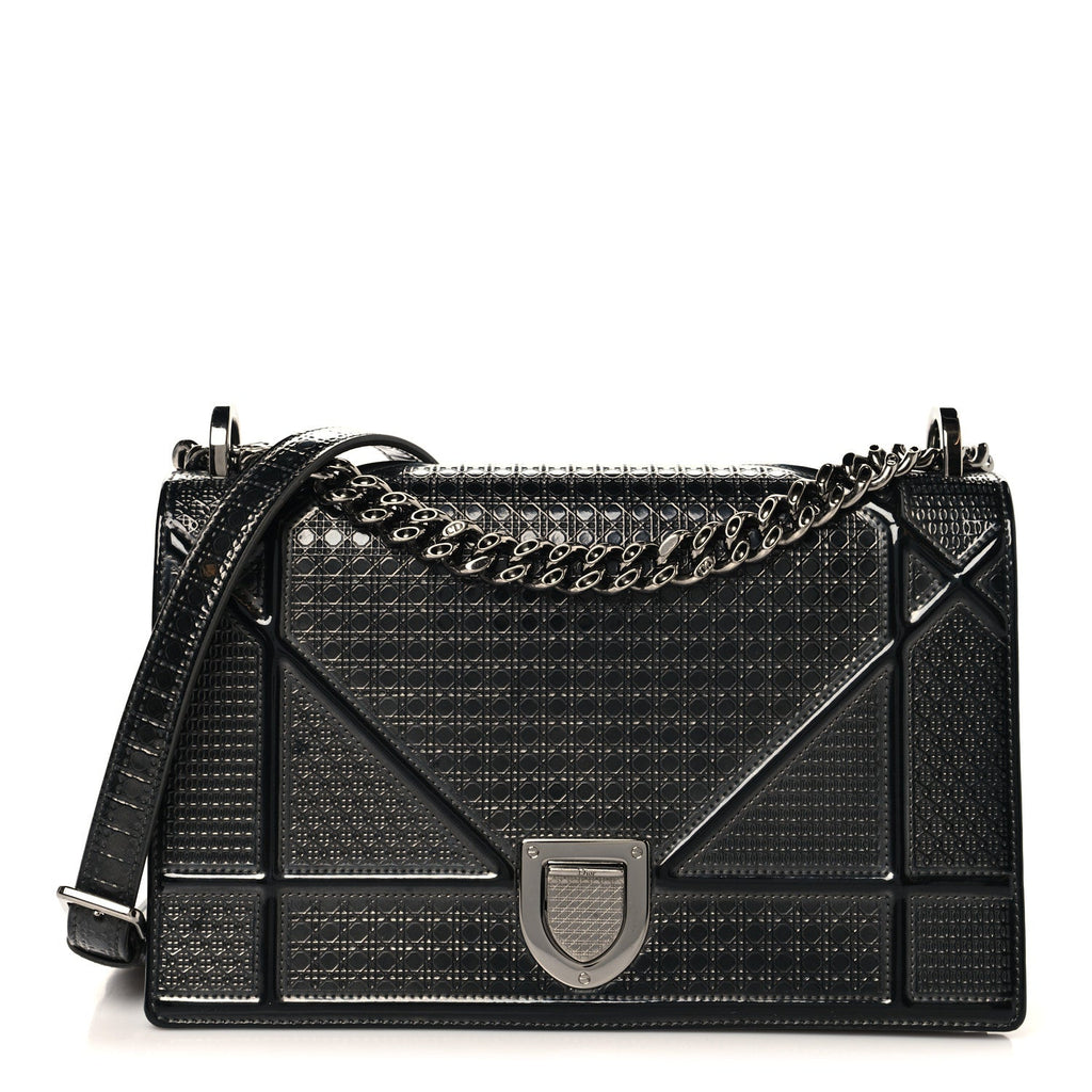 Christian Dior Metallic Patent Micro-Cannage Medium Diorama Flap Bag Onyx Black