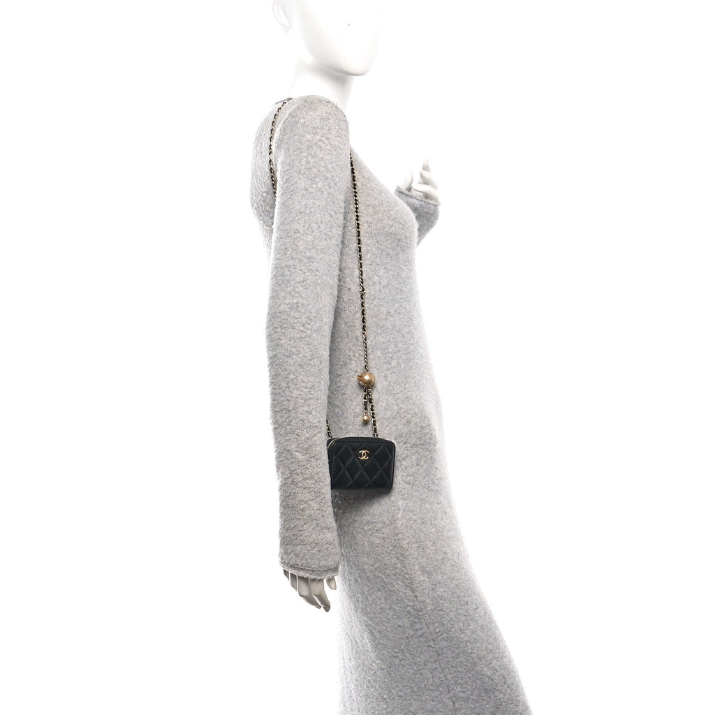 Chanel Lambskin Quilted CC Pearl Crush Zip Card Holder On Chain Black