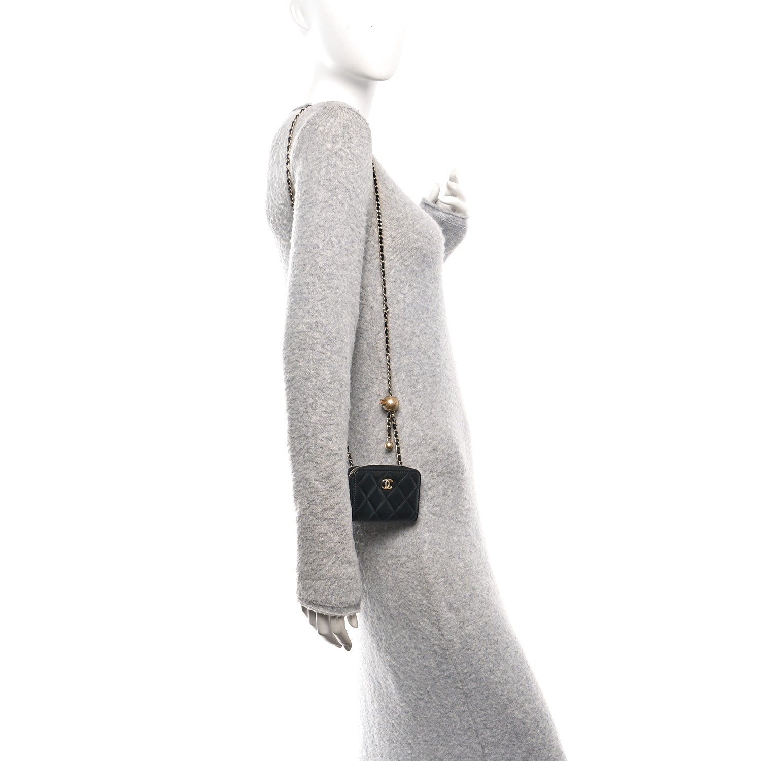 Chanel Lambskin Quilted CC Pearl Crush Zip Card Holder On Chain Black