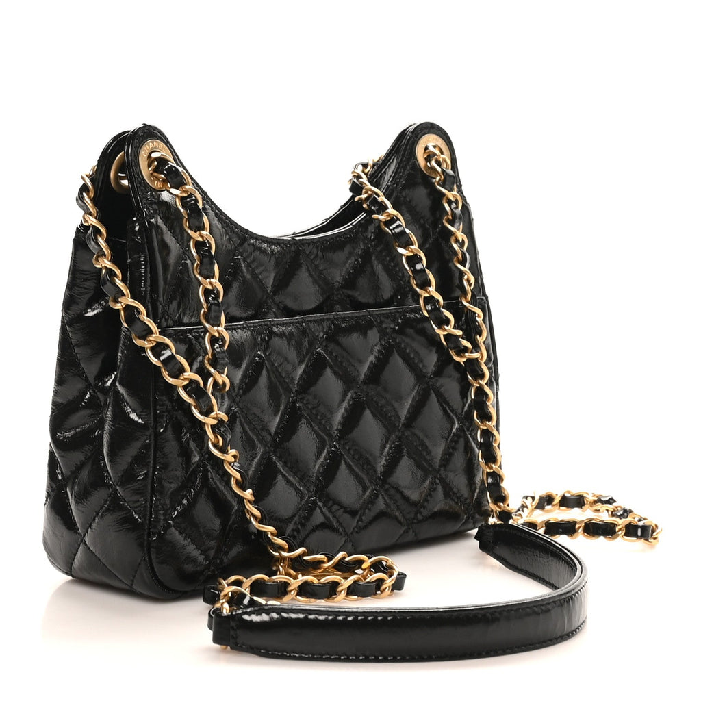 Chanel Shiny Crumpled Calfskin Quilted Small Wavy CC Hobo Black