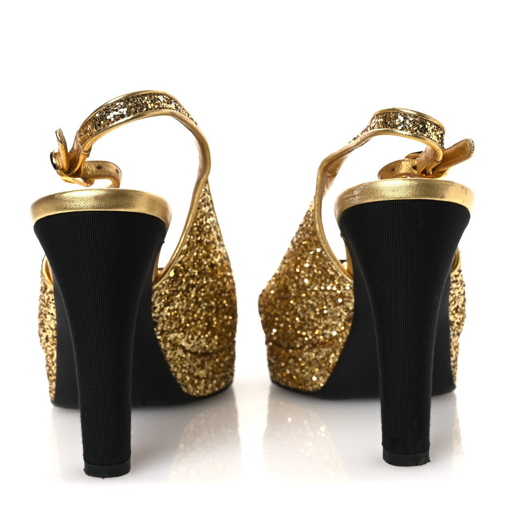 Glitter Grosgrain Cap Toe CC Slingback Pumps 38 Gold Black