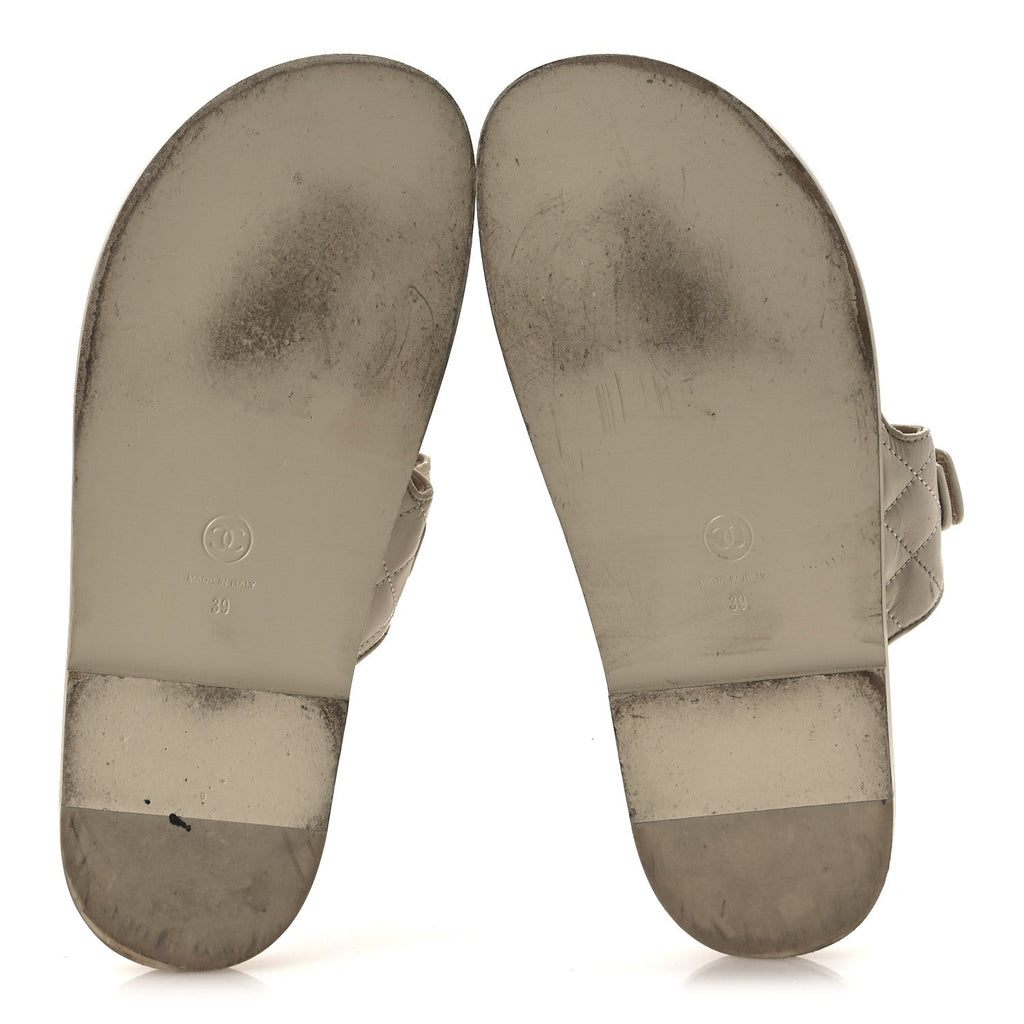 Chanel Shiny Calfskin Quilted Velcro Dad Crystal CC Slide Sandals 39 Beige