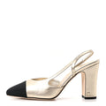Laminated Crumpled Lambskin Grosgrain Cap Toe CC Slingback Pumps 39.5 Gold Black