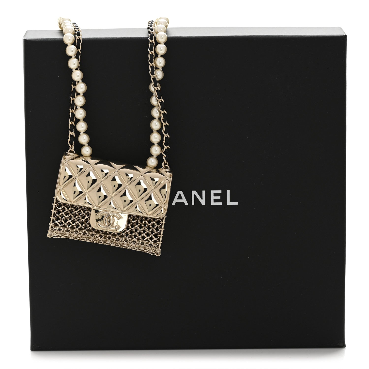 Metal Lambskin Pearl Chain Flap Bag Long Necklace Gold Black Pearly White