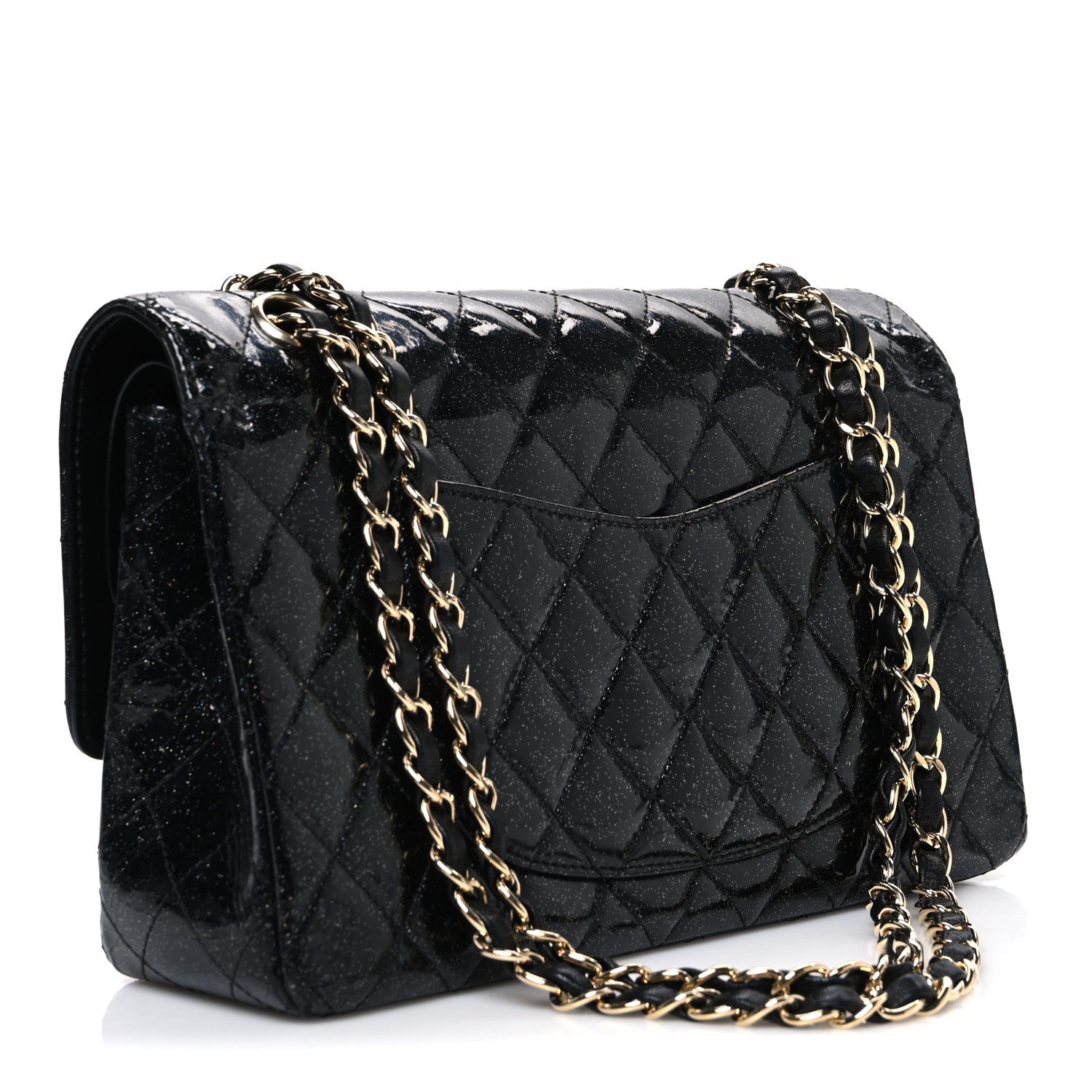Chanel Patent Quilted Sparkle Glitter Medium Double Flap Black