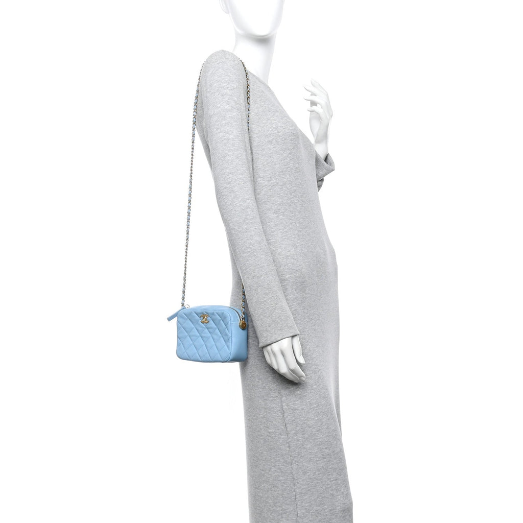Chanel Lambskin Quilted CC Pearl Crush Camera Case Light Blue