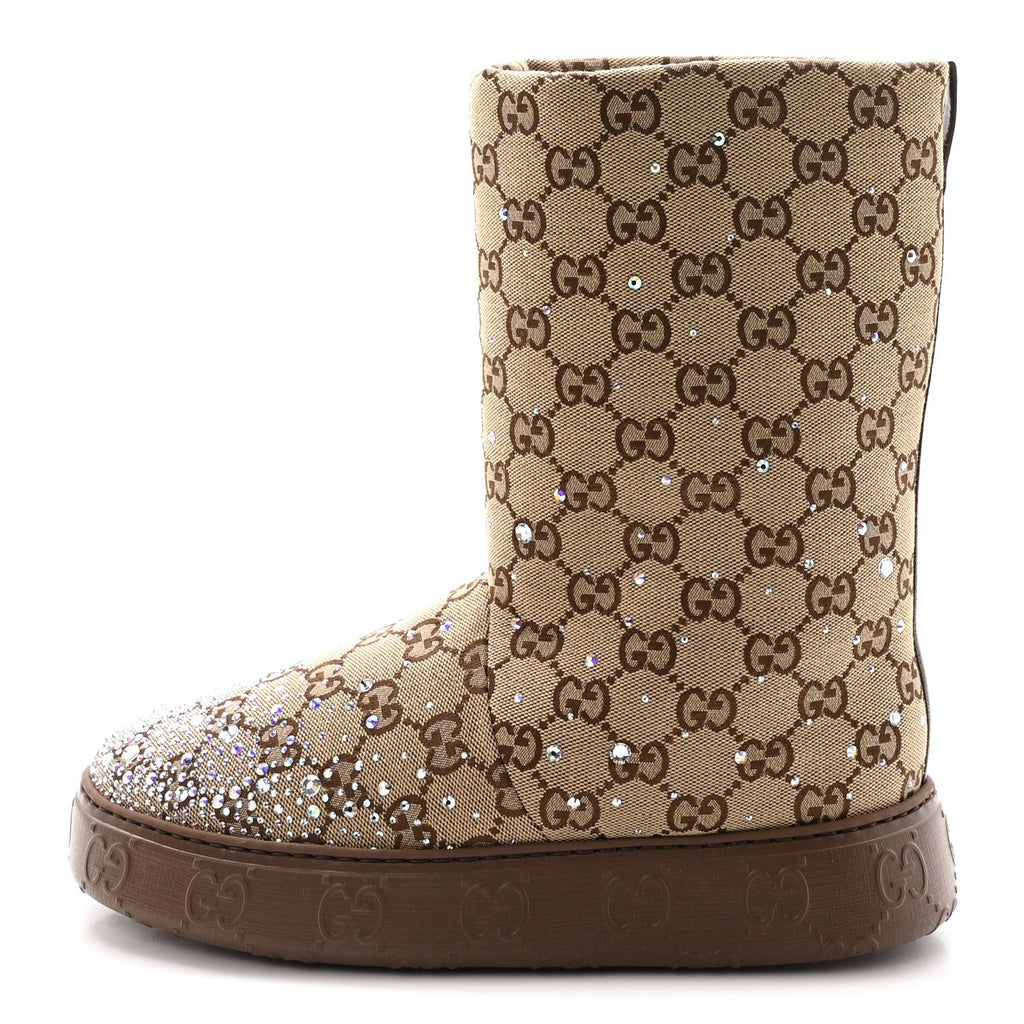 Gucci Monogram GG Strass Thermal Bootie 38.5 Camel Ebony