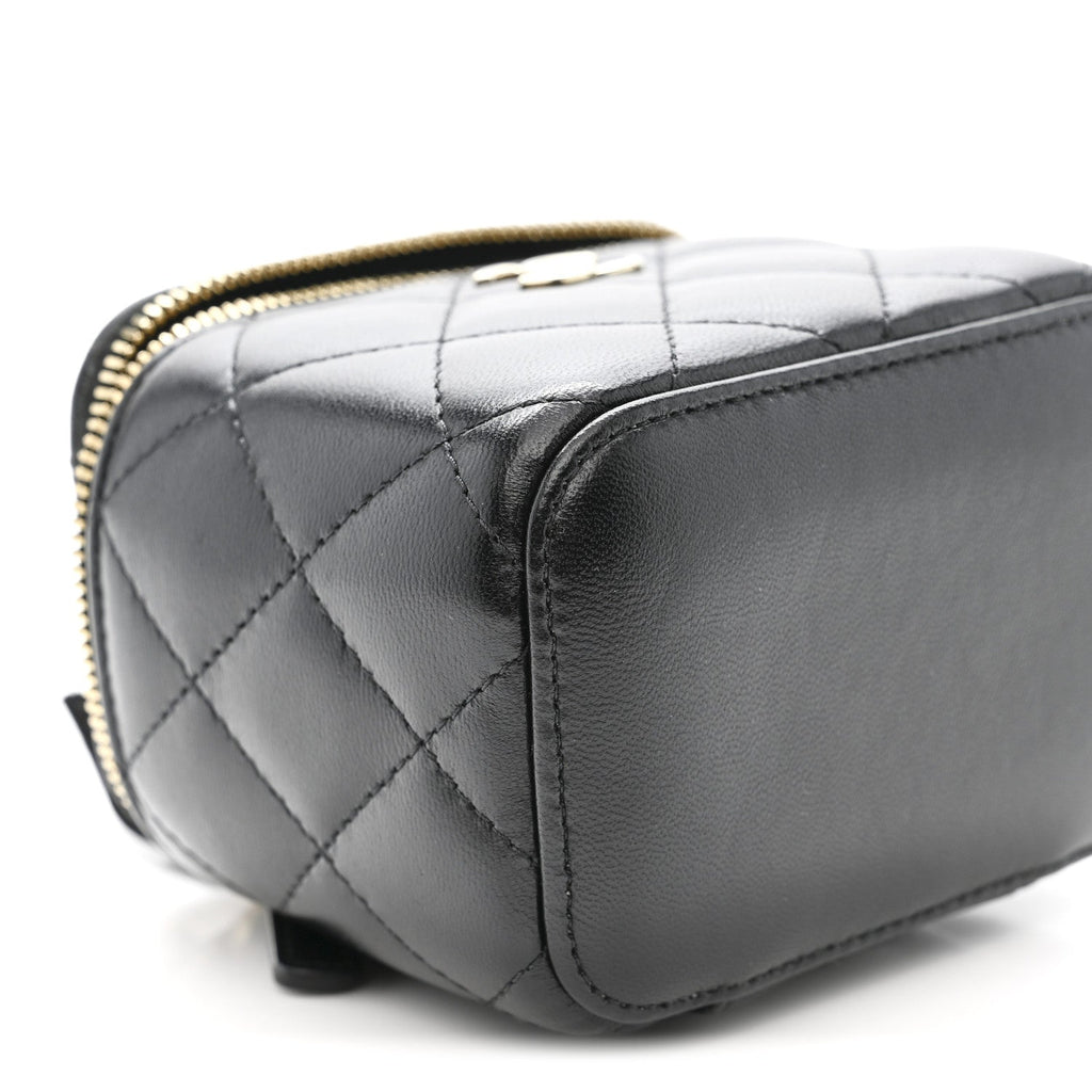 Chanel Lambskin Quilted Mini Camellia Bow Vanity Case With Chain Black