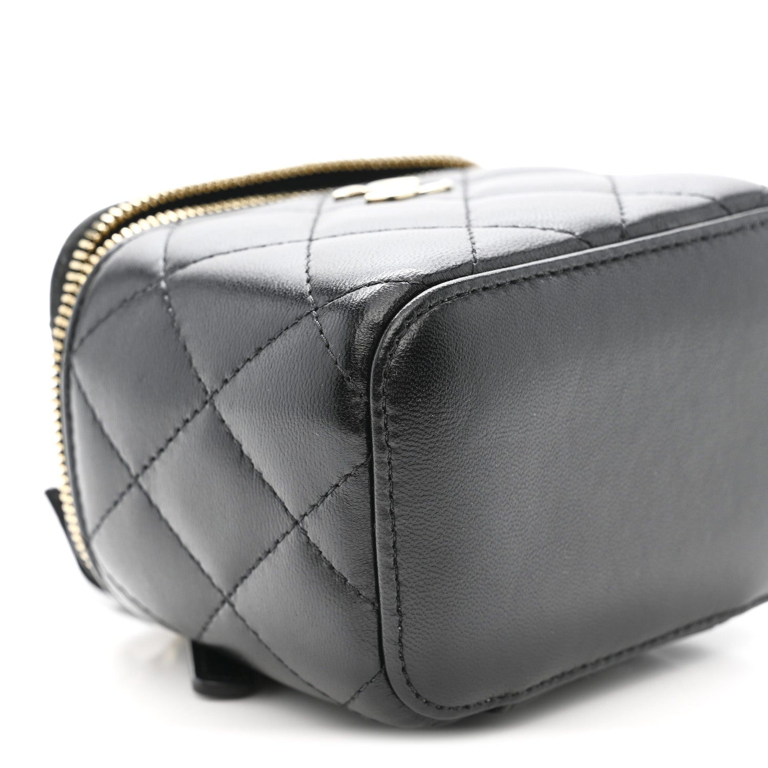 Chanel Lambskin Quilted Mini Camellia Bow Vanity Case With Chain Black