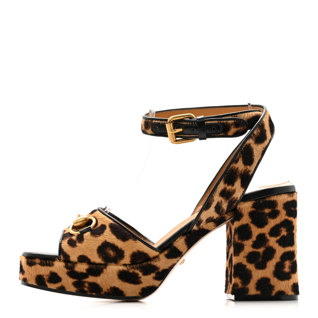 Gucci Calf Hair Leopard Print Horsebit 25/60mm Platform Sandals 36.5 Hazelnut Black