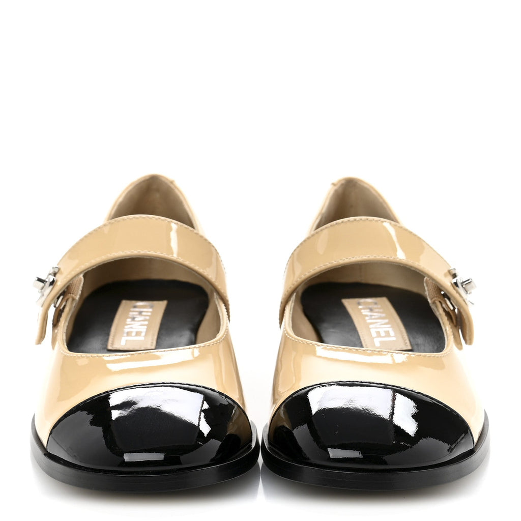 Patent Calfskin Mary Janes Flats 37 Beige Black