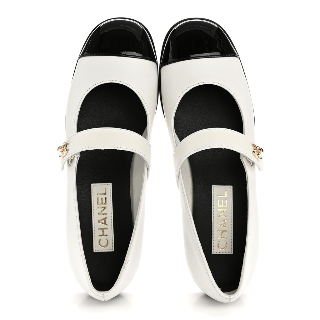 Calfskin Patent Mary Janes Flats 39.5 White Black